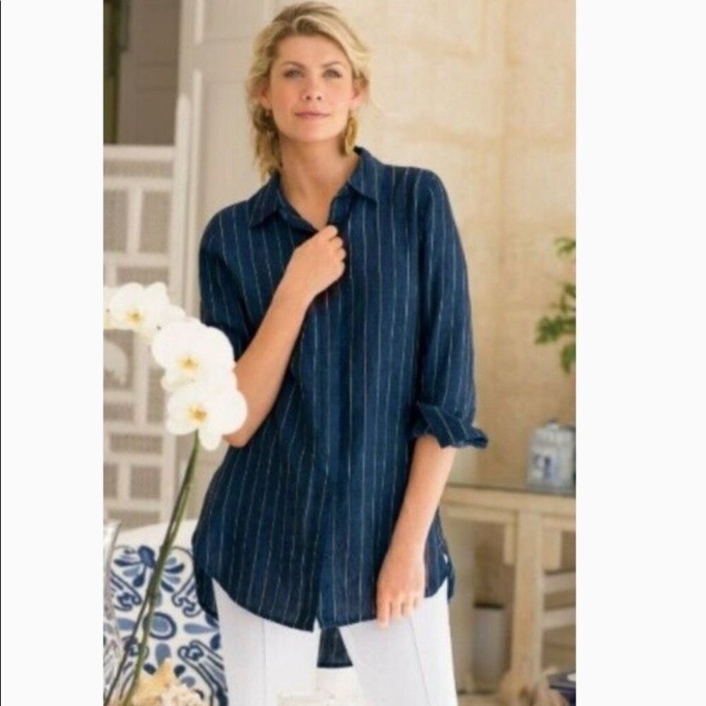 Soft Surroundings Linen Striped Button Down Top PM